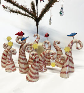 Small Miniature Hand Made Ceramic Stoneware Candy Cane Trees With Star Whimsical Red Striped