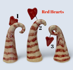 Small Miniature Doll House Hand Made Ceramic Stoneware Candy Cane Trees With Heart Topper Whimsical Red Striped