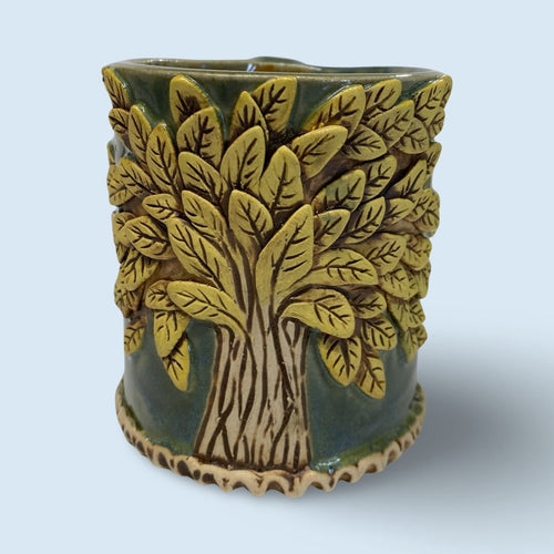 Large Hand Built Stoneware Pottery Tree Mug Cup Teal Blue Green Yellow 15 oz.