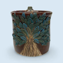 Load image into Gallery viewer, Small Wheel Thrown Stoneware Pottery Tree Mug Cup Green Blue Turquoise 7 oz.