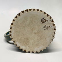Load image into Gallery viewer, Large Hand Built Stoneware Pottery Tree Mug Cup Teal Blue Green Yellow 15 oz.