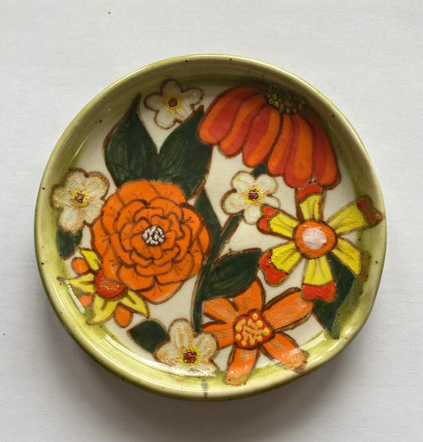 Stoneware Pottery Spoon Rest Hand Painted Retro Flowers Flower Power