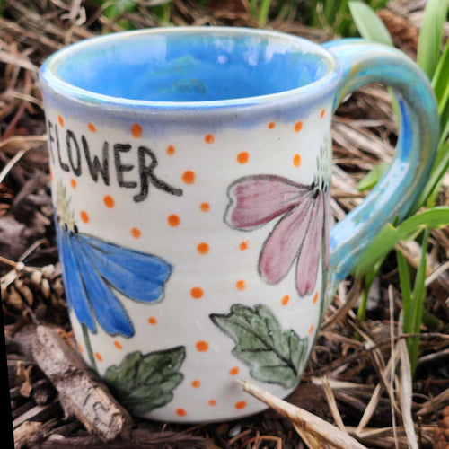 Wheel Thrown Stoneware Pottery Coffee Tea Mug Cup Hand Painted Cone Flowers 8 oz.