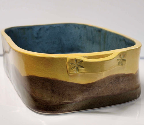 Hand Made Stoneware Pottery Baking Dish Casserole Dish Blue Yellow Brown
