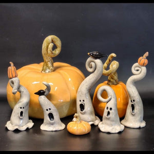 Hand Made Ceramic Clay Small Ghost Figurine with Pumpkin or Crow Halloween Decor