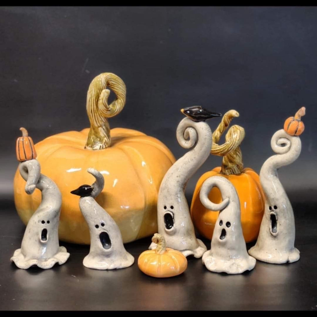 Hand Made Ceramic Clay Small Ghost Figurine with Pumpkin or Crow Halloween Decor