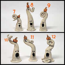 Load image into Gallery viewer, Hand Made Ceramic Clay Small Ghost Figurine with Pumpkin or Crow Halloween Decor