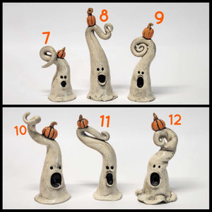 Hand Made Ceramic Clay Small Ghost Figurine with Pumpkin or Crow Halloween Decor