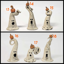 Load image into Gallery viewer, Hand Made Ceramic Clay Small Ghost Figurine with Pumpkin or Crow Halloween Decor