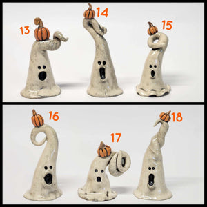 Hand Made Ceramic Clay Small Ghost Figurine with Pumpkin or Crow Halloween Decor
