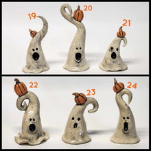 Load image into Gallery viewer, Hand Made Ceramic Clay Small Ghost Figurine with Pumpkin or Crow Halloween Decor