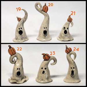 Hand Made Ceramic Clay Small Ghost Figurine with Pumpkin or Crow Halloween Decor