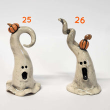 Load image into Gallery viewer, Hand Made Ceramic Clay Small Ghost Figurine with Pumpkin or Crow Halloween Decor