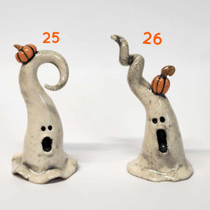 Hand Made Ceramic Clay Small Ghost Figurine with Pumpkin or Crow Halloween Decor