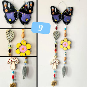 Hand Made Painted Ceramic Butterfly Flowers Mushroom Colorful Boho Wall Hanging Beads