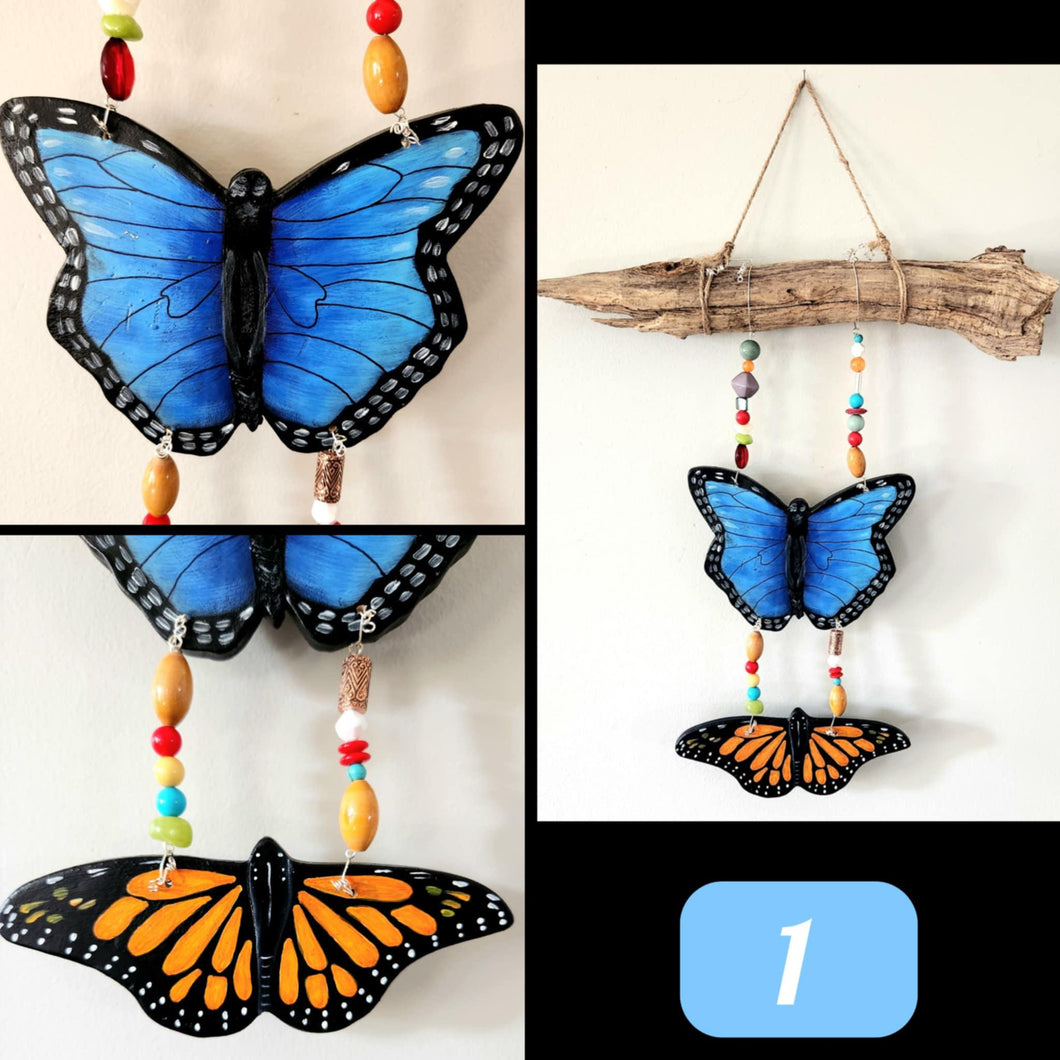Hand Made Painted Ceramic Two Butterflies Butterfly Flowers Mushroom Colorful Boho Wall Hanging Beads (Copy)