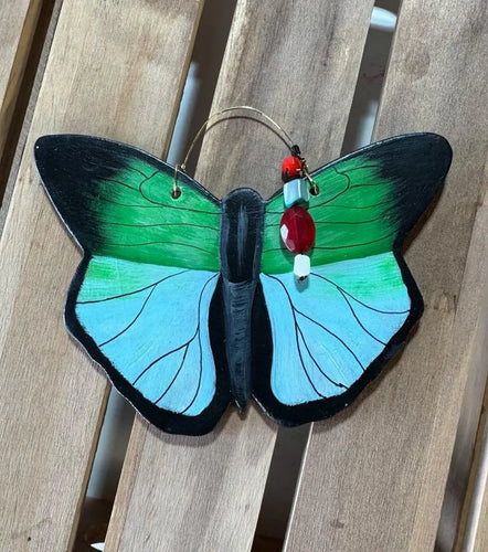Hand Made Stoneware Pottery Green Morpho Butterfly Ornament Wall Decor Ceramic Hand Painted