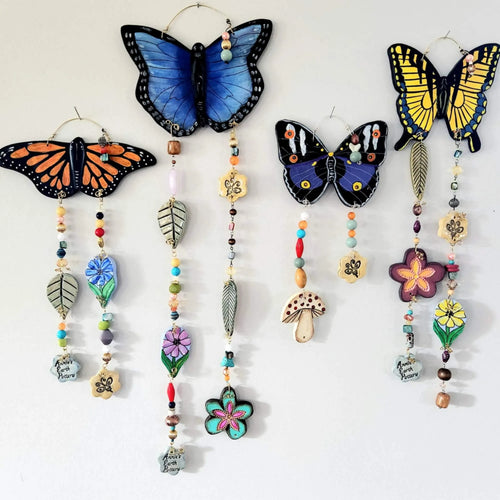 Hand Made Painted Ceramic Butterfly Flowers Mushroom Colorful Boho Wall Hanging Beads