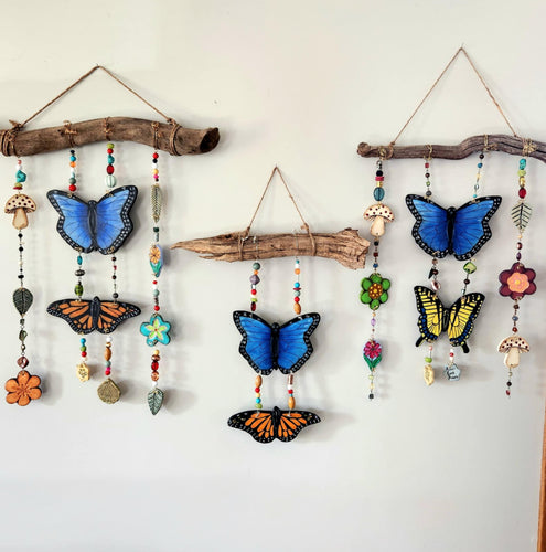 Hand Made Painted Ceramic Two Butterflies Butterfly Flowers Mushroom Colorful Boho Wall Hanging Beads (Copy)