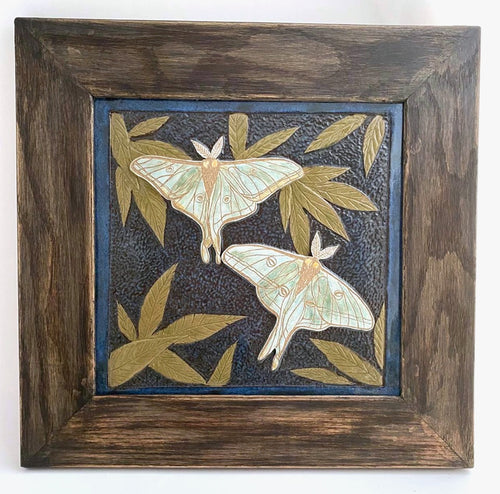 Hand Sculpted Stoneware Pottery Framed Art Tile Spanish Luna Moth OOAK 15 x 15