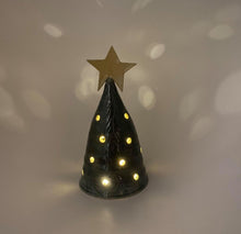 Load image into Gallery viewer, Stoneware Pottery Christmas Tree Holiday Decoration Lighted Green Luminary