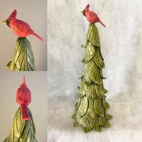 Stoneware Pottery Sculpted Pine Tree Cardinal Evergreen North Woods Christmas
