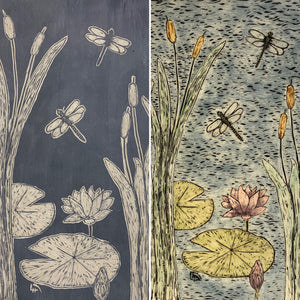 Hand Sculpted Stoneware Pottery Framed Art Tile Sgraffito Pond Life Cattails Lotus Dragonflies
