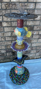 Hand Made Pottery Sundial Totem Pole Pond Life Fish Frog Snail Butterflies Dragonflies Flower Bees