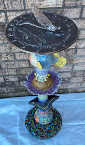 Hand Made Pottery Sundial Totem Pole Pond Life Fish Frog Snail Butterflies Dragonflies Flower Bees