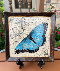 Hand Made Stoneware Pottery Tray Sgraffito Blue Morpho Butterfly on Flowers