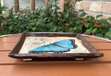 Load image into Gallery viewer, Hand Made Stoneware Pottery Tray Sgraffito Blue Morpho Butterfly on Flowers