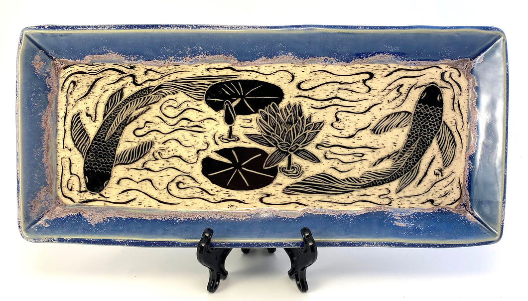 Hand Made Stoneware Pottery Tray Sgraffito Koi Fish Lily Pads Lotus Flower Blue