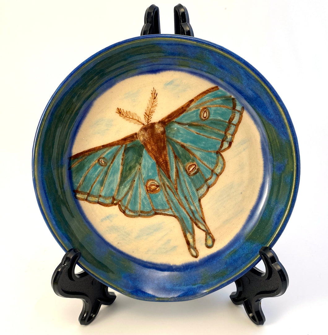 Wheel Thrown Stoneware Pottery Spoon Rest Hand Painted Spanish Luna Moth Blue