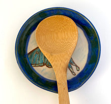Load image into Gallery viewer, Wheel Thrown Stoneware Pottery Spoon Rest Hand Painted Spanish Luna Moth Blue