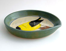 Load image into Gallery viewer, Wheel Thrown Stoneware Pottery Spoon Rest Hand Painted American Goldfinch Bird