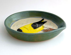 Wheel Thrown Stoneware Pottery Spoon Rest Hand Painted American Goldfinch Bird