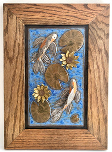 Hand Sculpted Stoneware Pottery Framed Art Tile Butterfly Koi Lily Pads Lotus OOAK 12 x 17