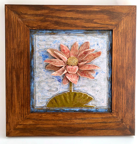 Hand Sculpted Stoneware Pottery Framed Art Tile Lily Pad Lotus Flower OOAK 13x13