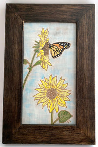 Hand Painted Stoneware Pottery Framed Art Tile Sunflowers Monarch Butterfly 7 x 11
