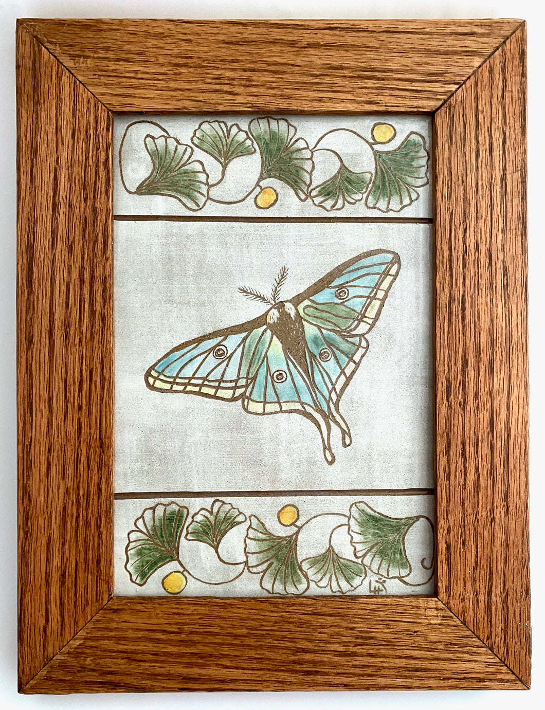 Hand Painted Stoneware Pottery Framed Art Tile Spanish Luna Moth Ginkgo Leaves 8 x 10