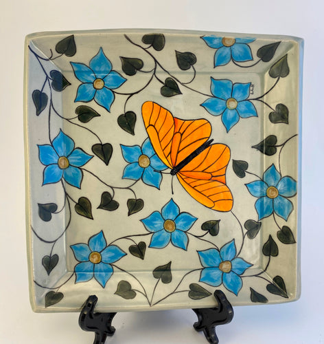 Hand Made Stoneware Pottery Tray Hand Painted Orange Butterfly Blue Flowers