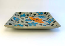 Load image into Gallery viewer, Hand Made Stoneware Pottery Tray Hand Painted Orange Butterfly Blue Flowers