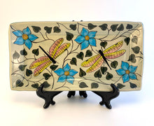 Load image into Gallery viewer, Hand Made Stoneware Pottery Tray Hand Painted Dragonflies Blue Flowers
