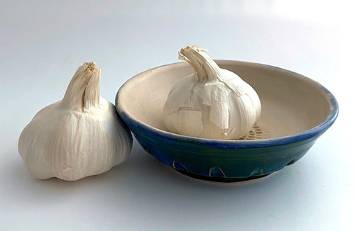 Wheel Thrown Stoneware Garlic Grater Bowl Dish White Inside Blue & Green Outside Hand Made