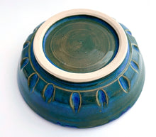 Load image into Gallery viewer, Wheel Thrown Stoneware Garlic Grater Bowl Dish White Inside Blue &amp; Green Outside Hand Made