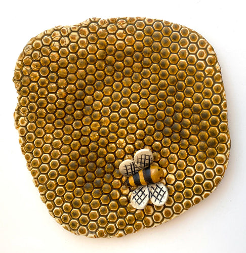 Organic Stoneware Pottery Trinket Ring Dish Tea Bag Rest Scrubby Holder Honey Bee