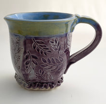 Load image into Gallery viewer, Hand Built Stoneware Pottery Coffee Tea Mug Cup 12 oz. Leaves Botanical Purple