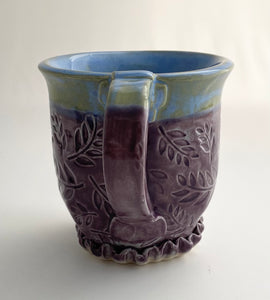 Hand Built Stoneware Pottery Coffee Tea Mug Cup 12 oz. Leaves Botanical Purple