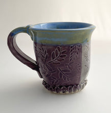 Load image into Gallery viewer, Hand Built Stoneware Pottery Coffee Tea Mug Cup 12 oz. Leaves Botanical Purple