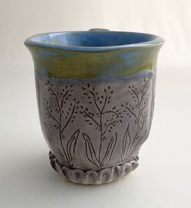 Hand Built Stoneware Pottery Coffee Tea Mug Cup 12 oz. Leaves Botanical Purple